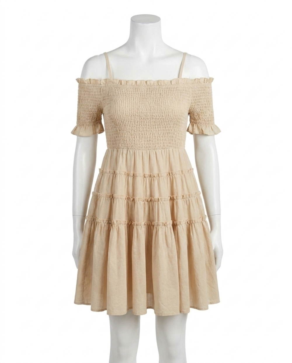 NEW MABLE leslie smocked off-shoulder mini tiered dress in beige